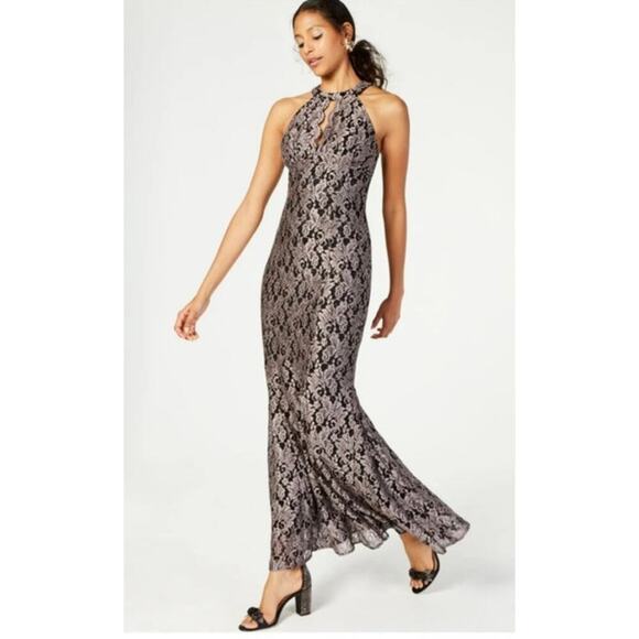 Nightway Keyhole Neck Sleeveless Scalloped Black Shimmery Lace Formal Gown, 4 - Picture 2 of 9